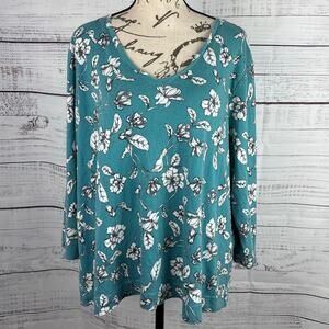 Chicos 4 Tee Shirt Womens XXL Teal Floral Long Sleeves V Neck Pima Cotton